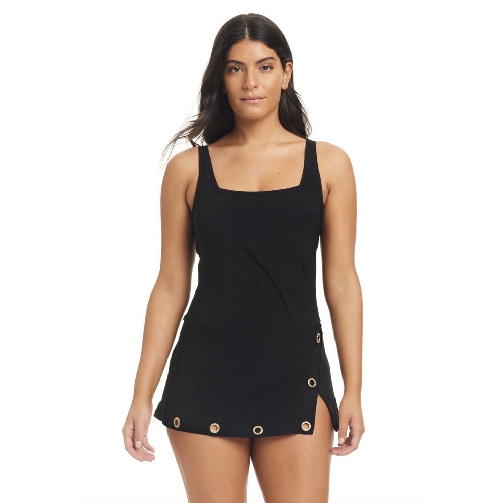 Beyond Control Womens Grommet-Detail Square-Neck Swim Dress Black‎ Size 10